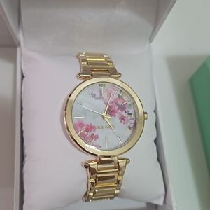 Nine West Gold-Tone Bracelet Watch with Pink Floral Dial